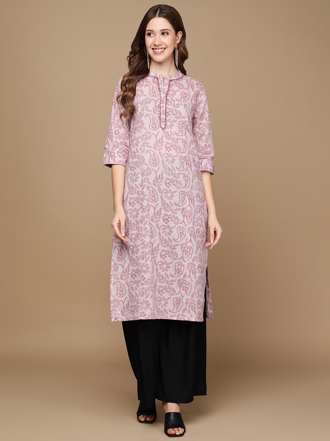 

HERE&NOW Pink & Gold-Toned Floral Printed Sequined Cotton Kurta