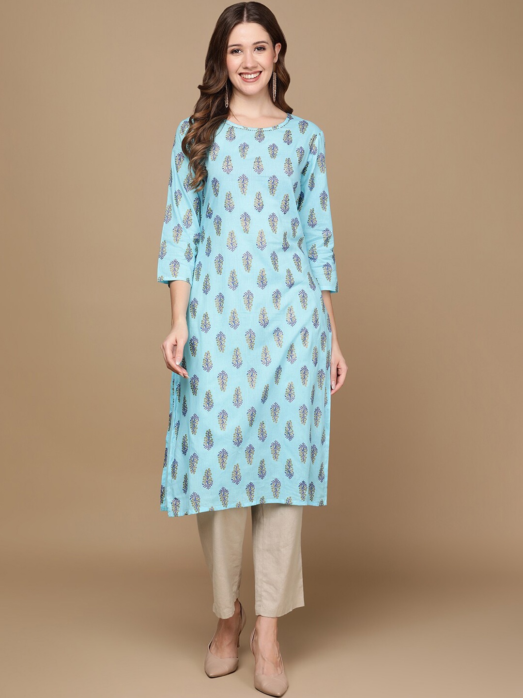 

HERE&NOW Blue & Beige Ethnic Printed Pure Cotton Straight Kurta
