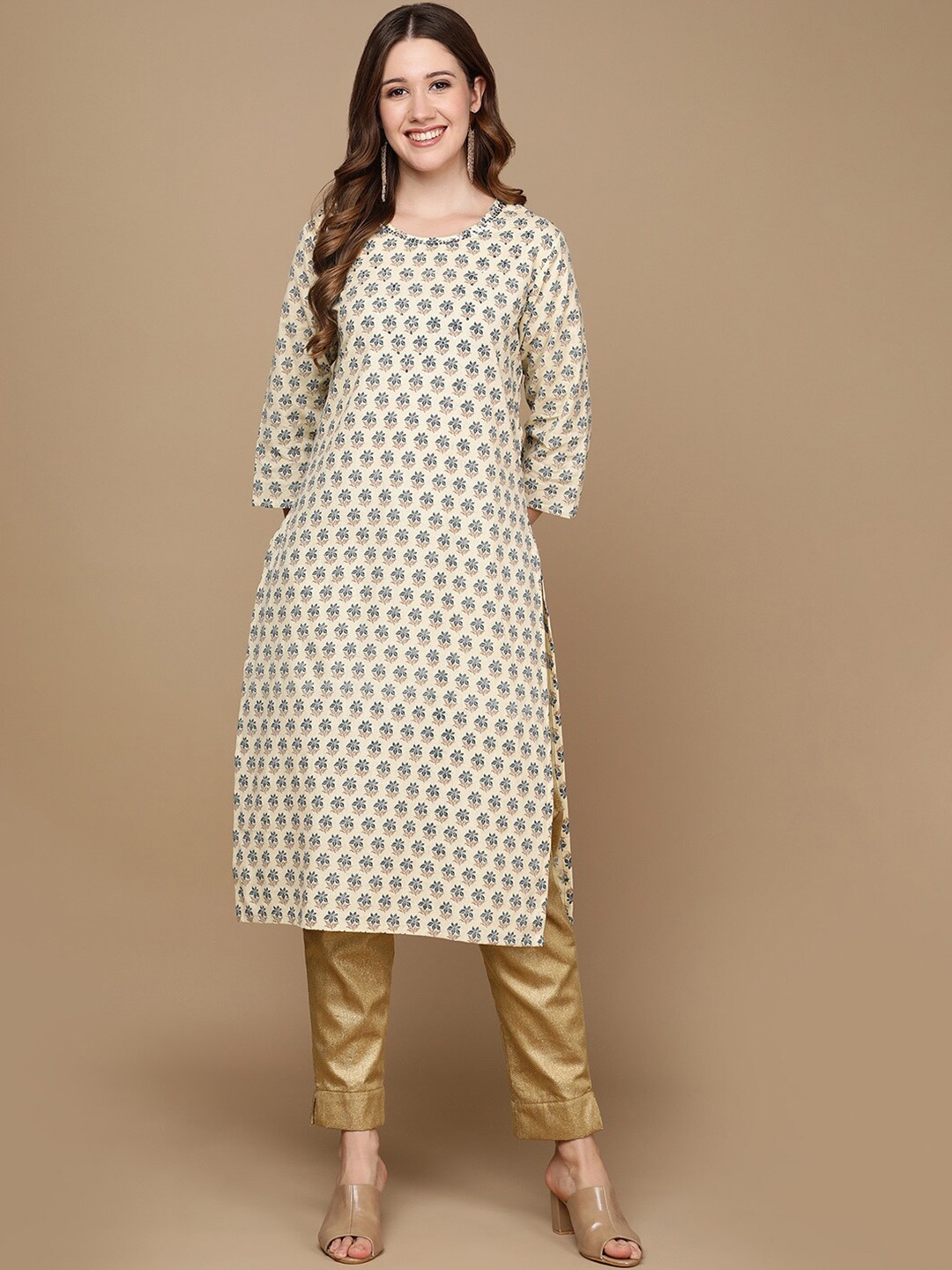 

HERE&NOW Cream-Color & Teal Ethnic Motifs Printed Sequined Cotton Kurta