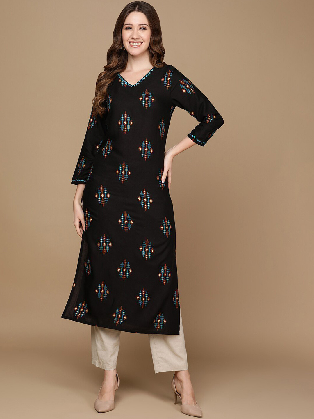 

HERE&NOW Black & Blue Ethnic Motifs Printed Sequined Kurta