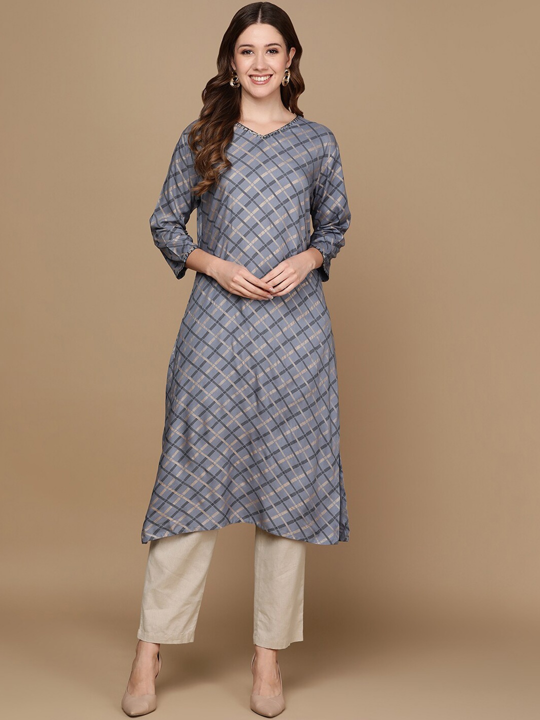 

HERE&NOW Grey & Black Checked V-Neck Kurta