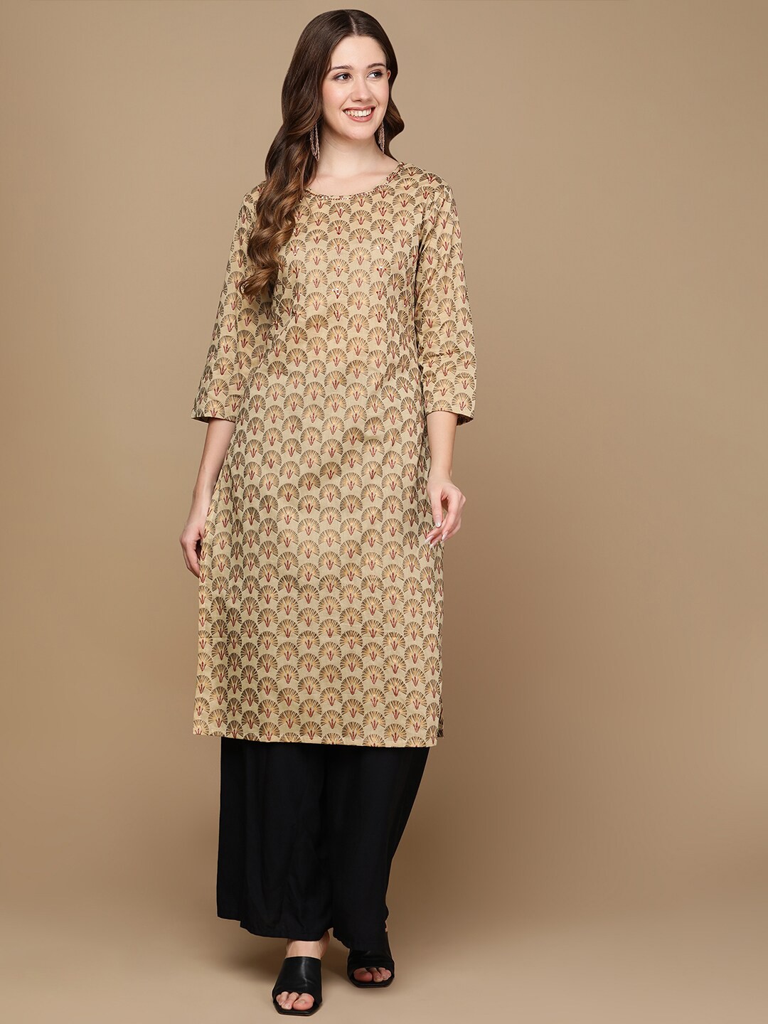 

HERE&NOW Beige-Coloured Ethnic Motifs Printed Sequinned Pure Cotton Kurta