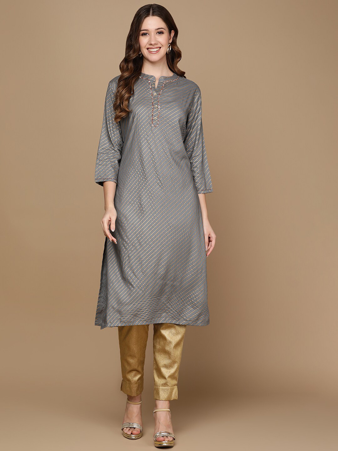 

HERE&NOW Striped Mandarin Collar Sequinned Detail Kurta, Grey