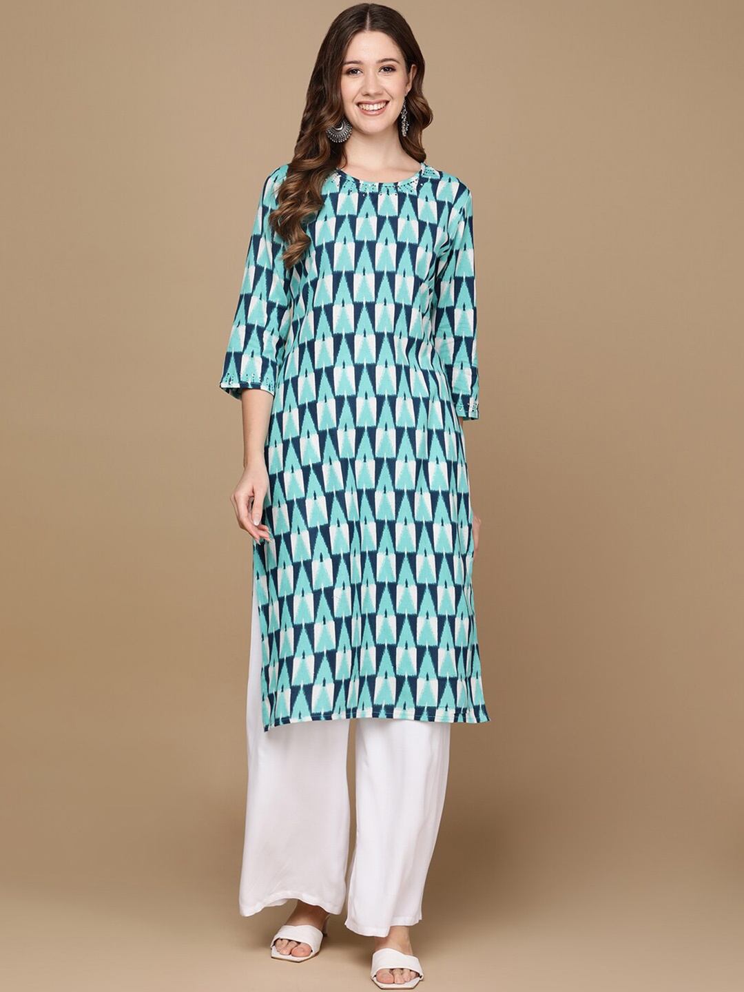 

HERE&NOW Navy Blue & Blue Geometric Printed Pure Cotton Kurta, Sea green