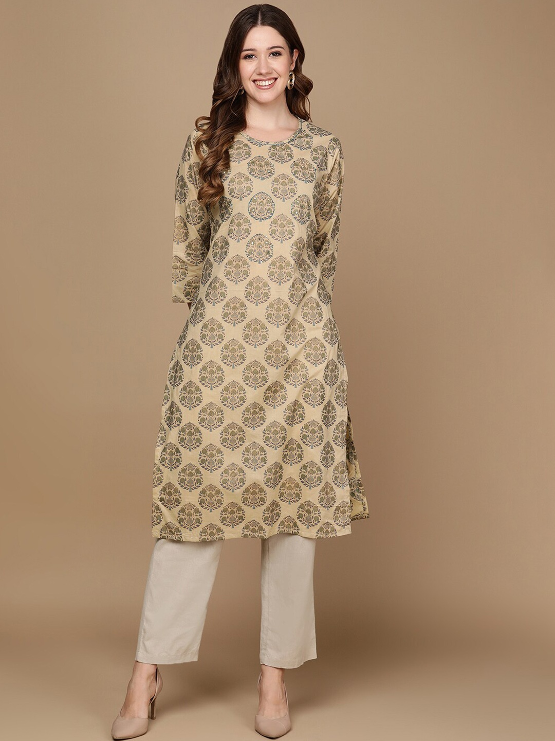 

HERE&NOW Beige & Green Ethnic Motifs Printed Sequinned Thread Work Cotton Kurta