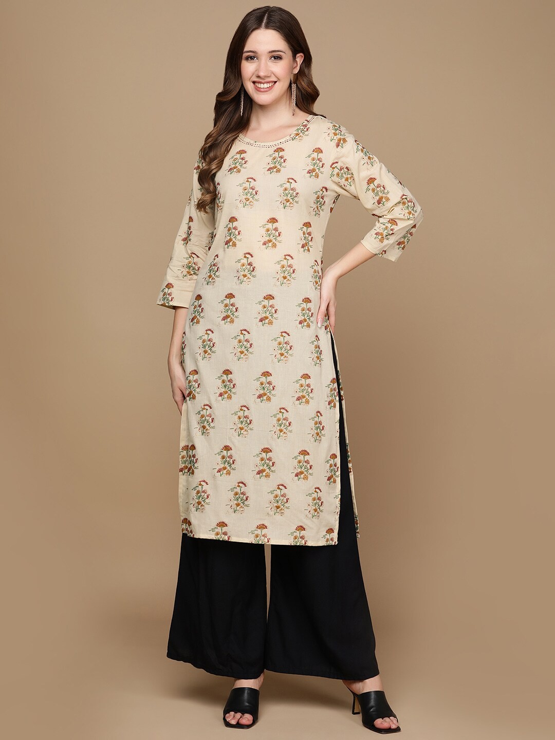 

HERE&NOW Beige & Orange & Green Floral Printed Pure Cotton Kurta