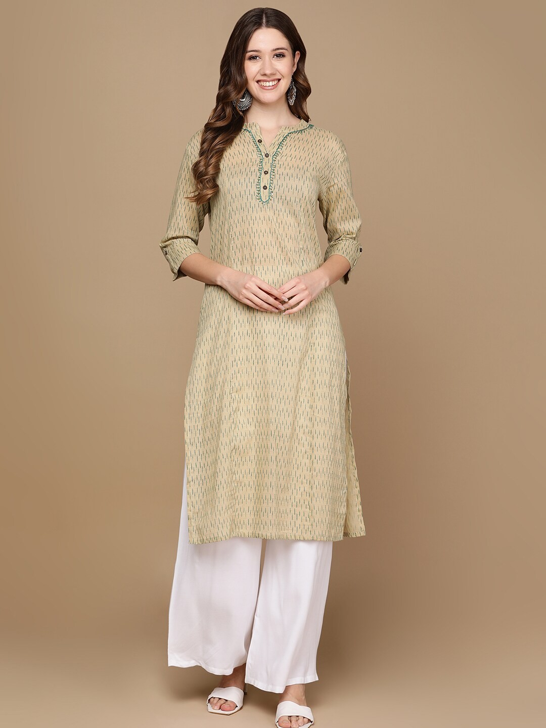 

HERE&NOW Beige & Green Mandarin Collar Geometric Printed Sequined Kurta