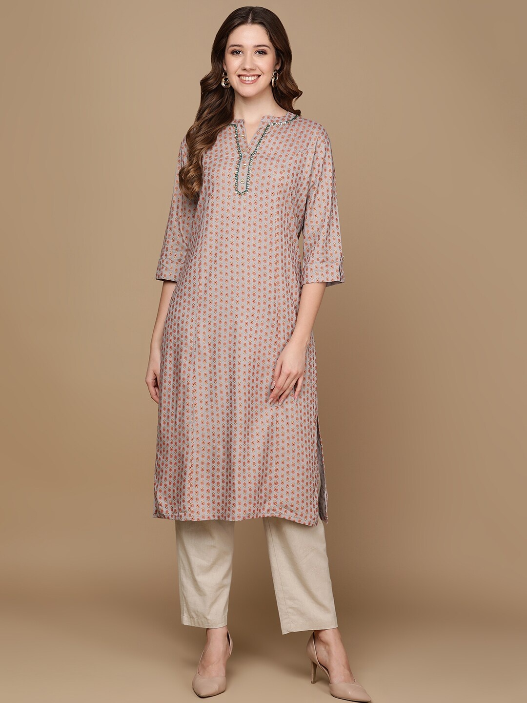 

HERE&NOW Mauve & Red Ethnic Motifs Printed Sequined Straight Kurta