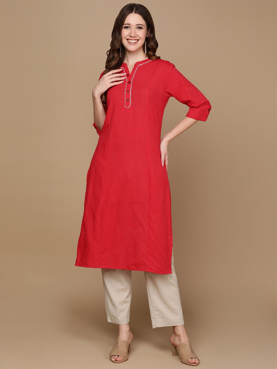 

HERE&NOW Red & White Striped Embroidered Pure Cotton Kurta