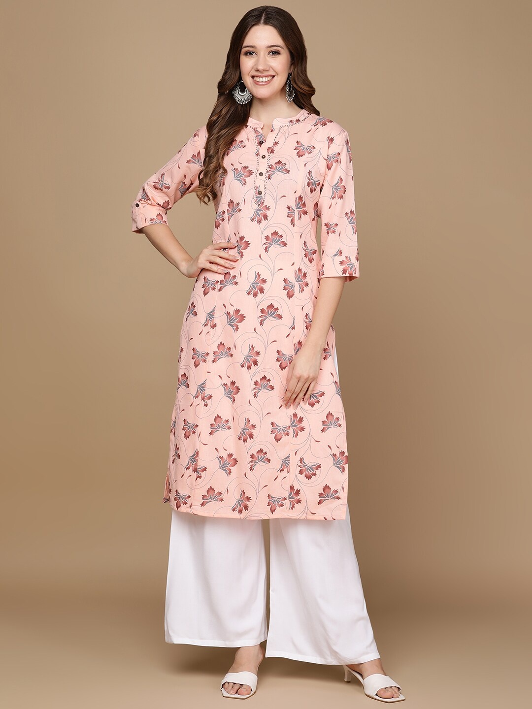 

HERE&NOW Pink & Maroon Floral Printed Pure Cotton Kurta