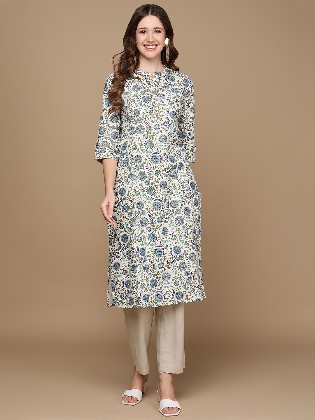 

HERE&NOW Off White & Blue Ethnic Printed Pure Cotton Straight Kurta