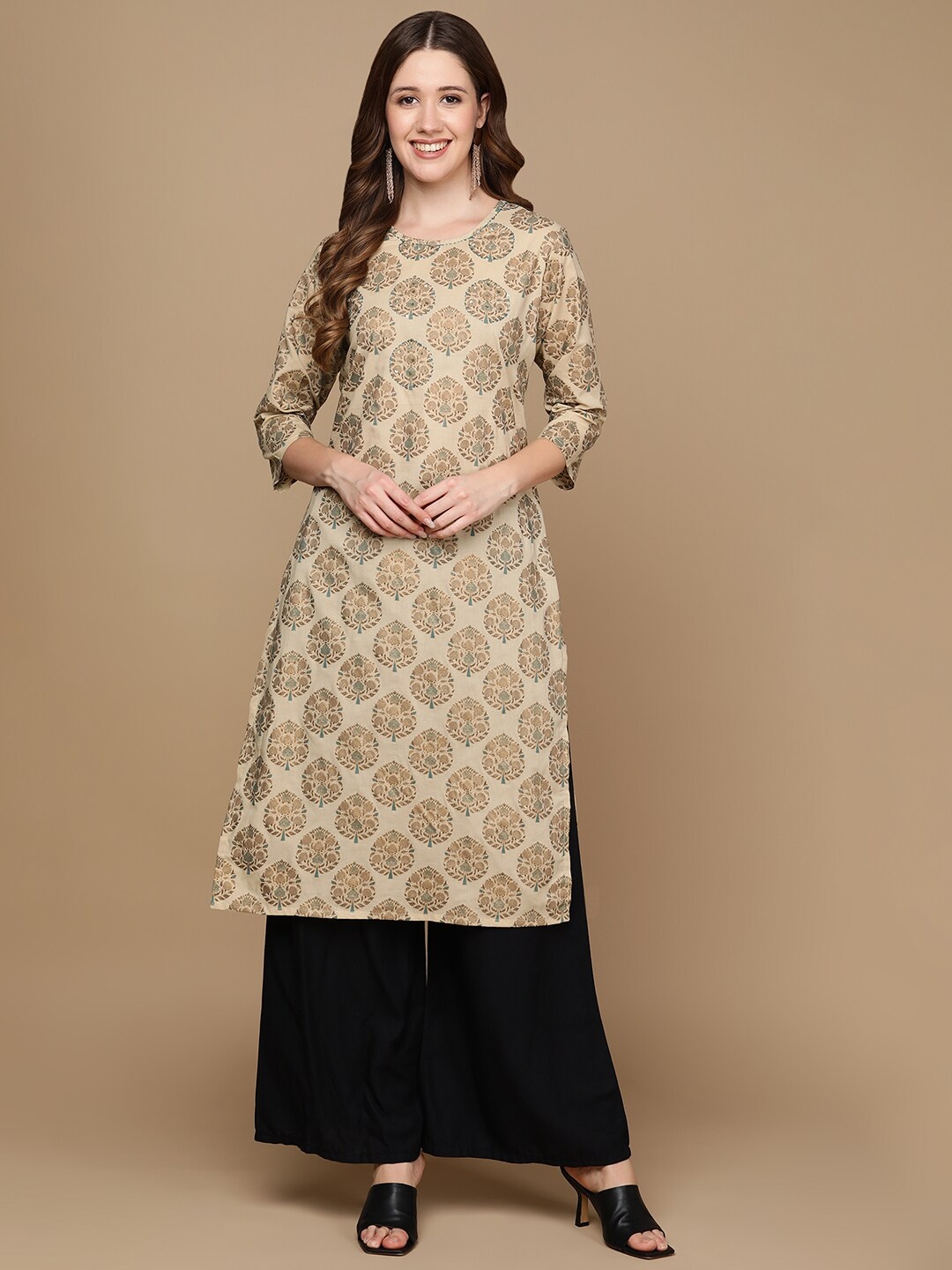 

HERE&NOW Beige & Brown Ethnic Motifs Embroidered Pure Cotton Straight Kurta