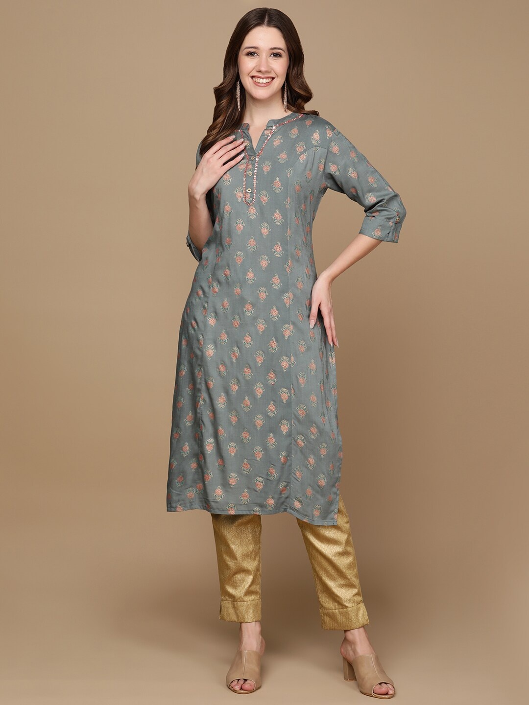 

HERE&NOW Grey & Gold Toned Ethnic Motifs Printed Sequined Detail Kurta