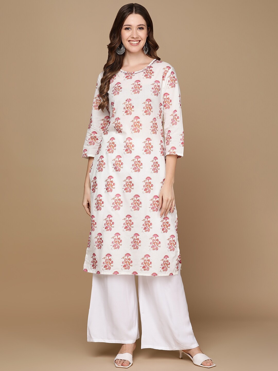 

HERE&NOW White & Pink Floral Printed Sequined Pure Cotton Kurta