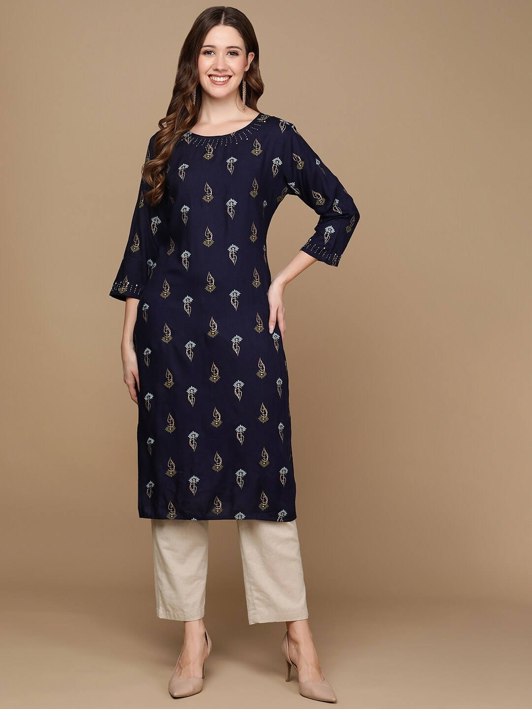 

HERE&NOW Navy Blue & White Ethnic Motifs Printed Kurta