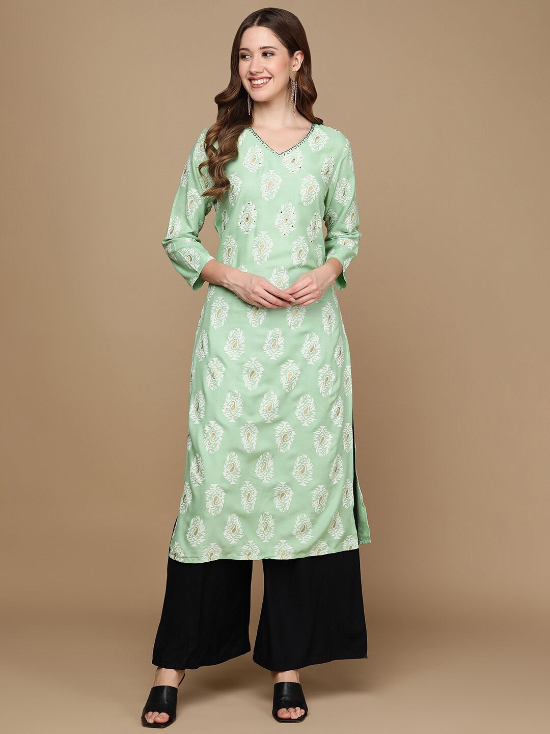 

HERE&NOW Green & White Ethnic Motifs Woven Design Sequined & Thread Work Straight Kurta