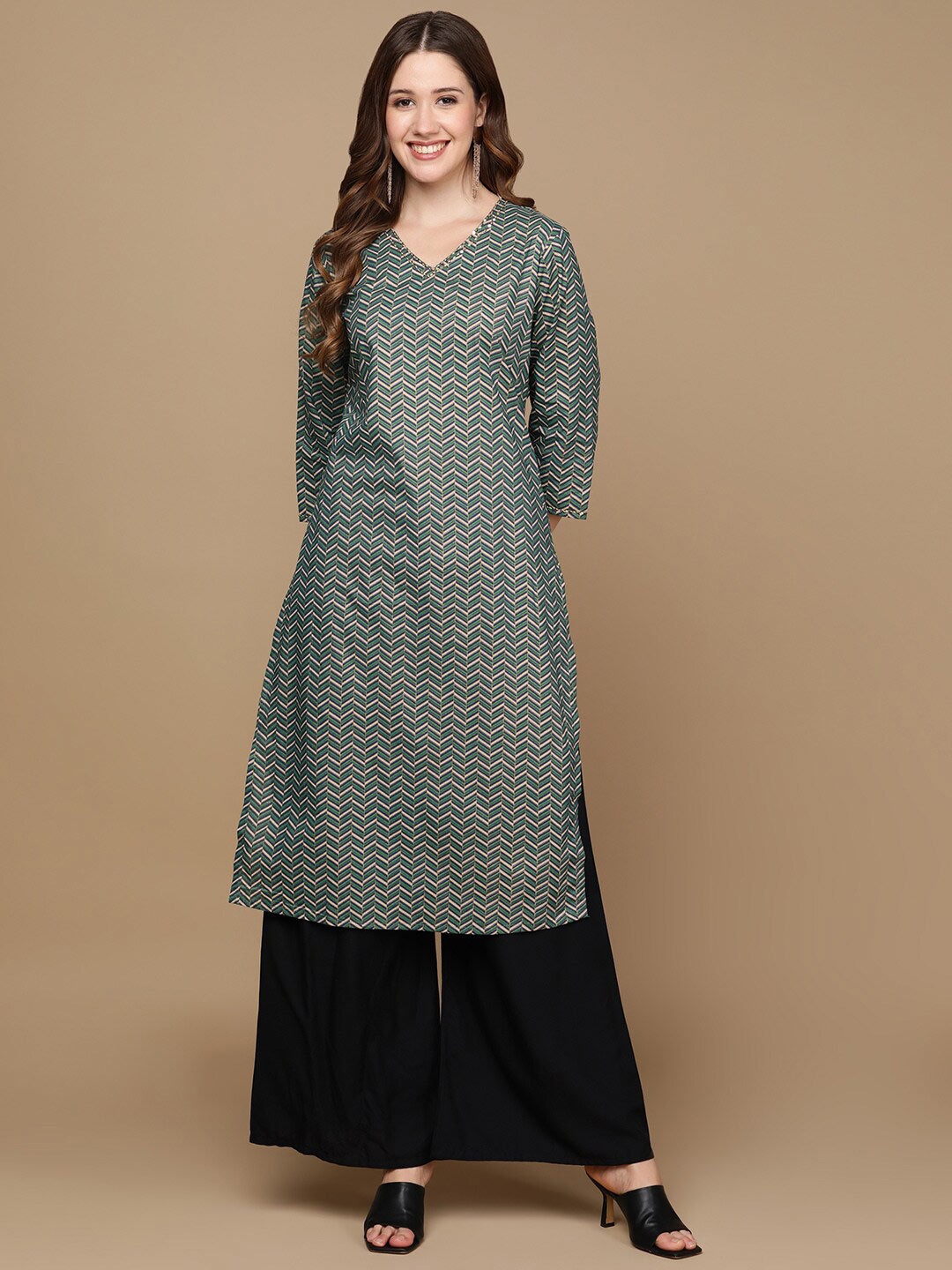 

HERE&NOW Green & Navy Blue Geometric Printed Sequinned Cotton Kurta