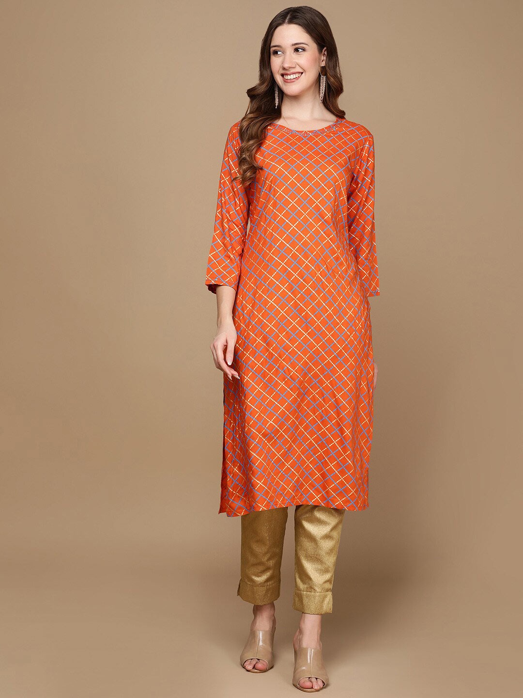 

HERE&NOW Orange & Blue Checked Straight Kurta