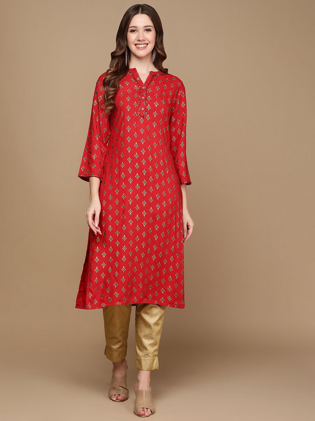 

HERE&NOW Red & Navy Blue & Gold Toned Ethnic Motifs Printed Sequinned Straight Kurta