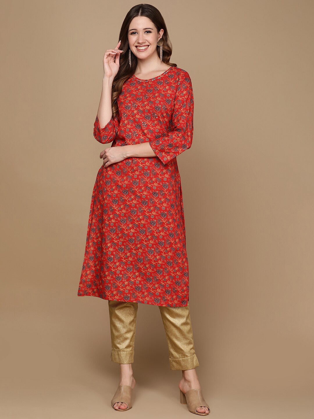 

HERE&NOW Red & Grey Floral Printed Sequined Pure Cotton Straight Kurta