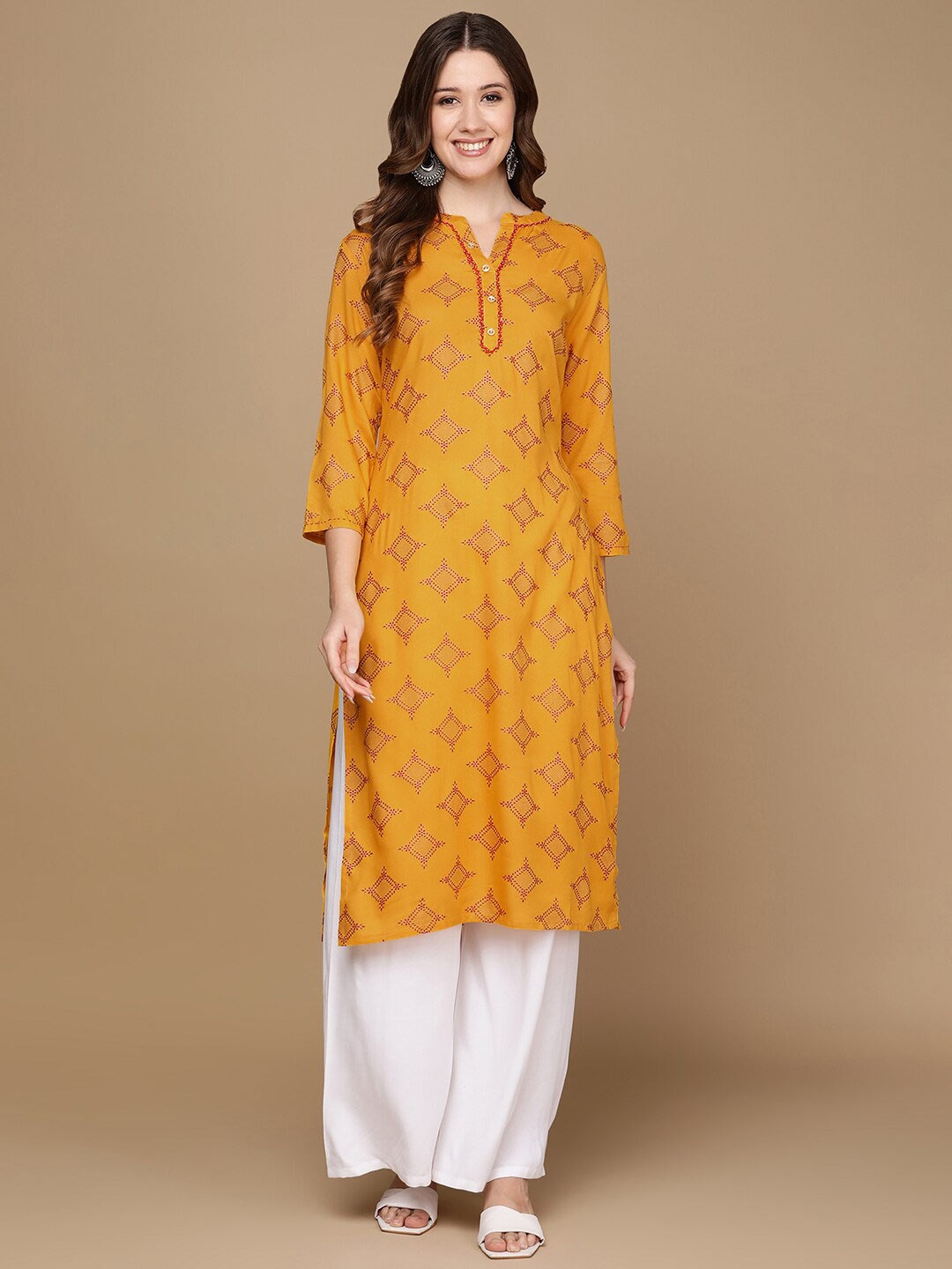 

HERE&NOW Mustard Yellow & Red Ethnic Motifs Printed Kurta