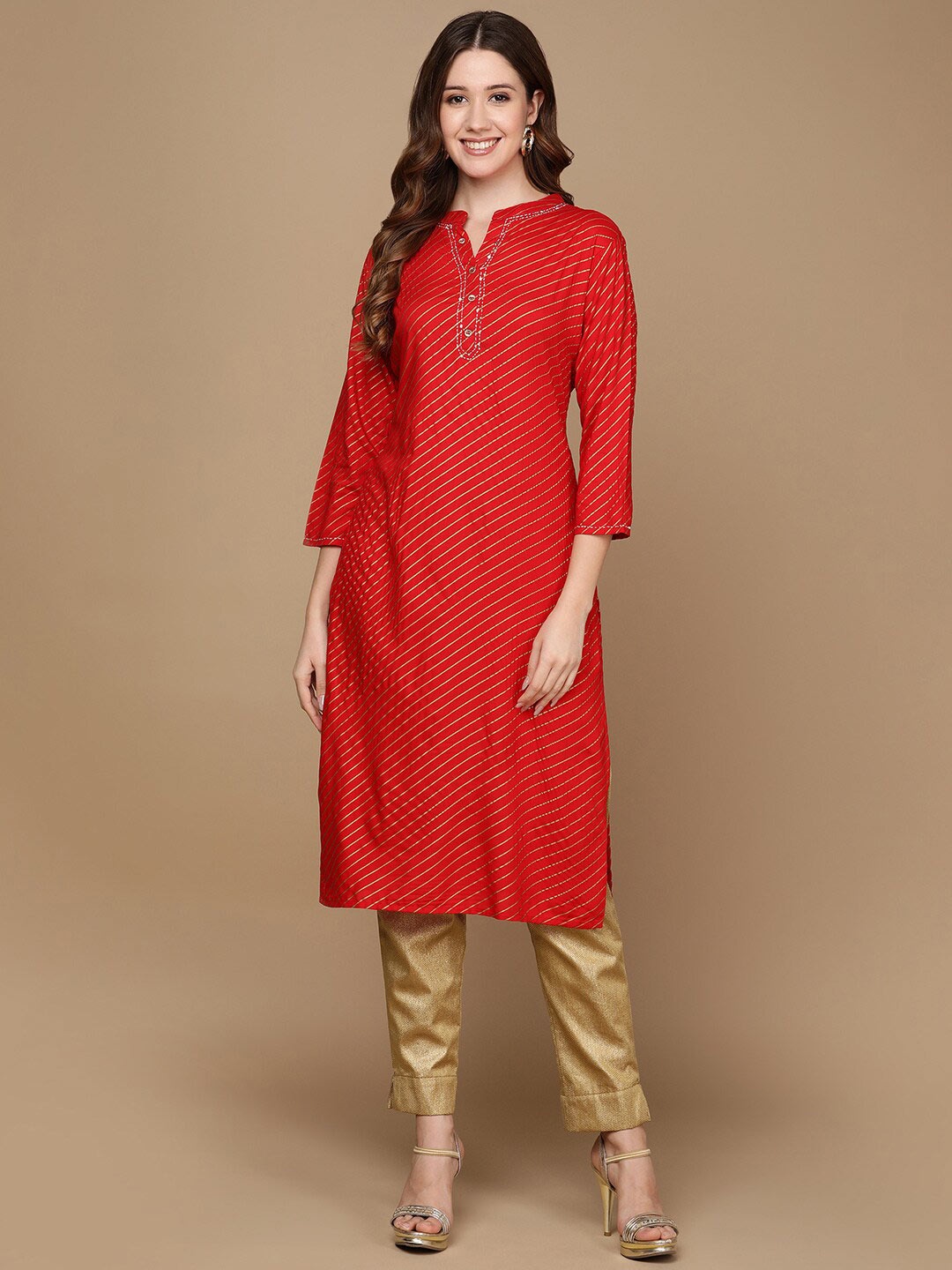 

HERE&NOW Red & Gold Toned Striped Mandarin Collar Kurta