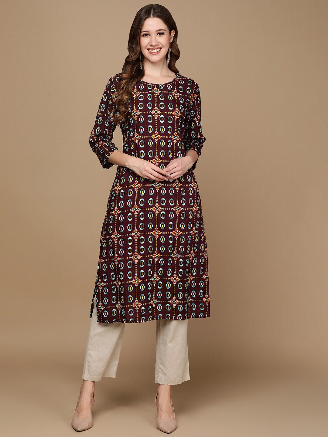 

HERE&NOW Brown & White Ethnic Motifs Printed Kurta