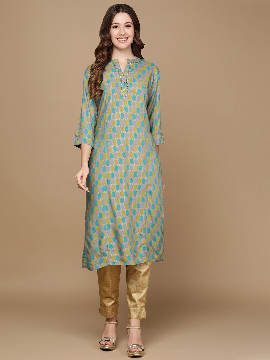 

HERE&NOW Grey & Blue Geometric Printed Sequined Straight Kurta