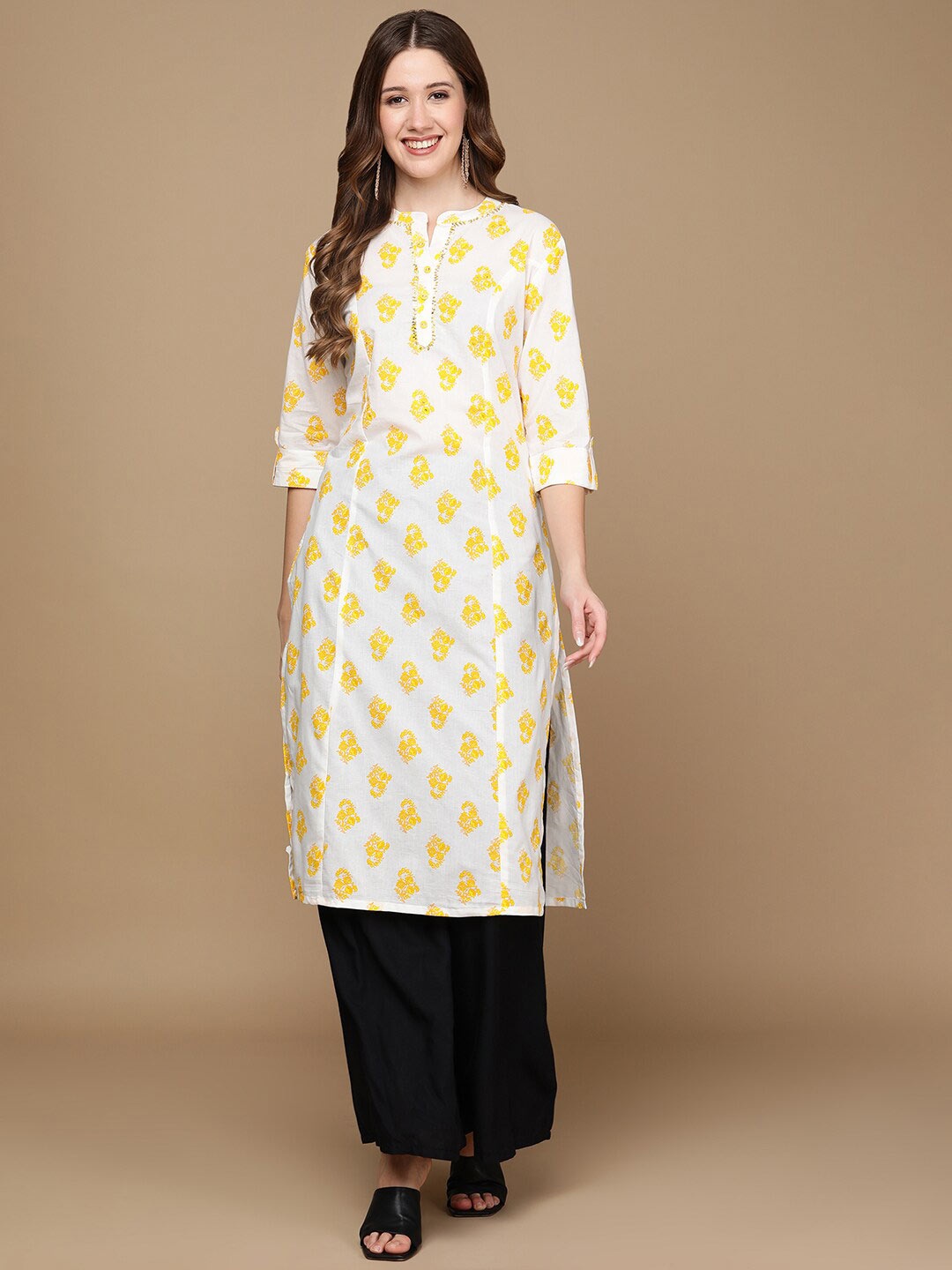 

HERE&NOW White & Yellow Floral Printed Sequined Pure Cotton Kurta