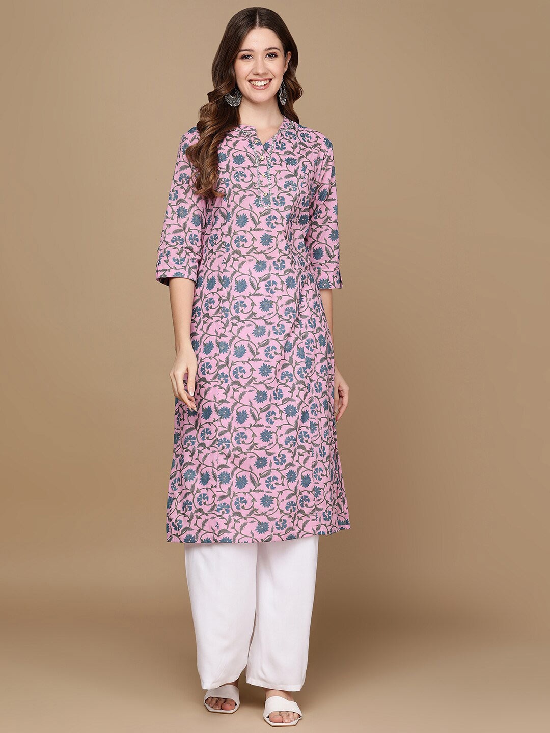 

HERE&NOW Lilac & Blue Floral Printed Sequined Pure Cotton Straight Kurta, Lavender