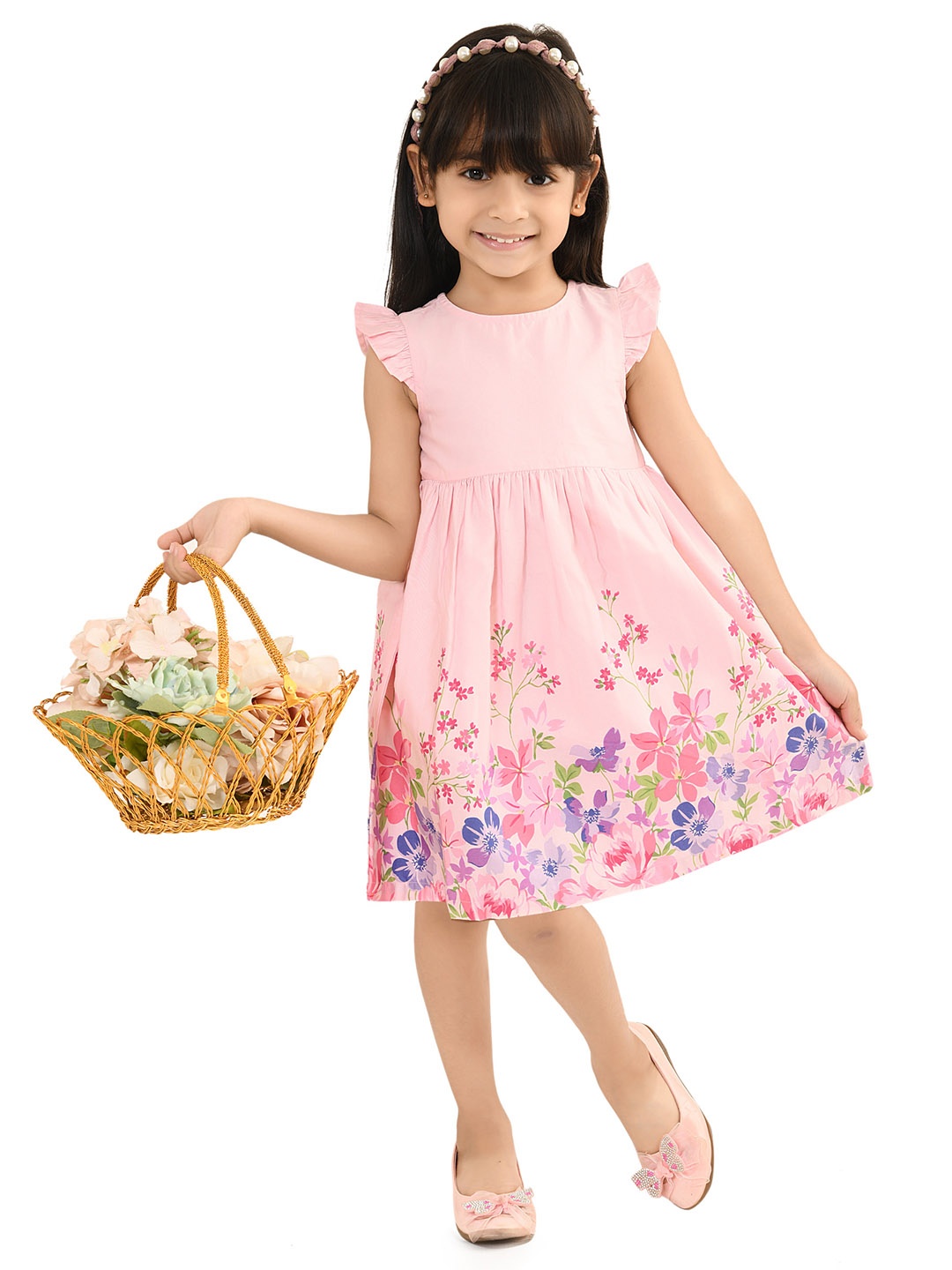 

Beebay Girls Floral Print Flutter Sleeve Fit & Flare Cotton Dress, Pink