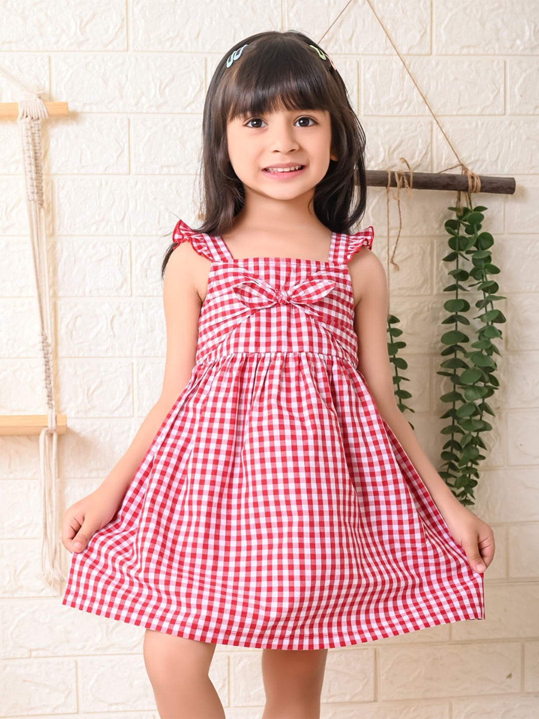 

Beebay Girls Checked Fit & Flare Cotton Dress, Red