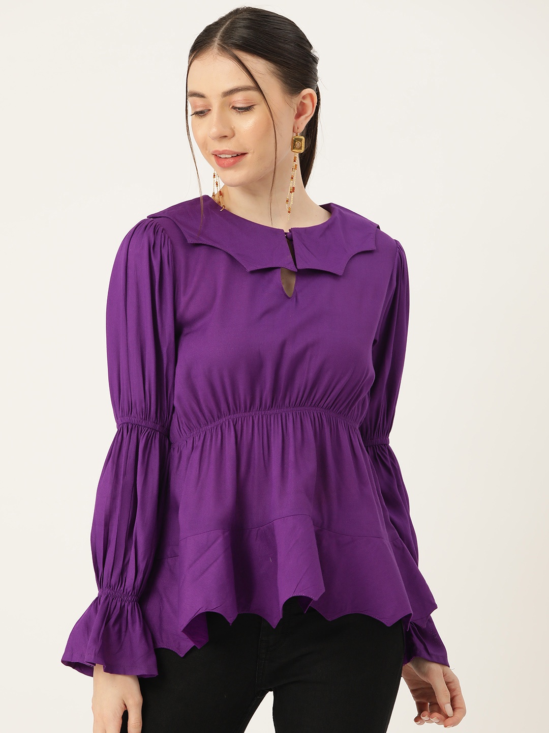 

Alsace Lorraine Paris Puff Sleeve Peplum Top, Purple