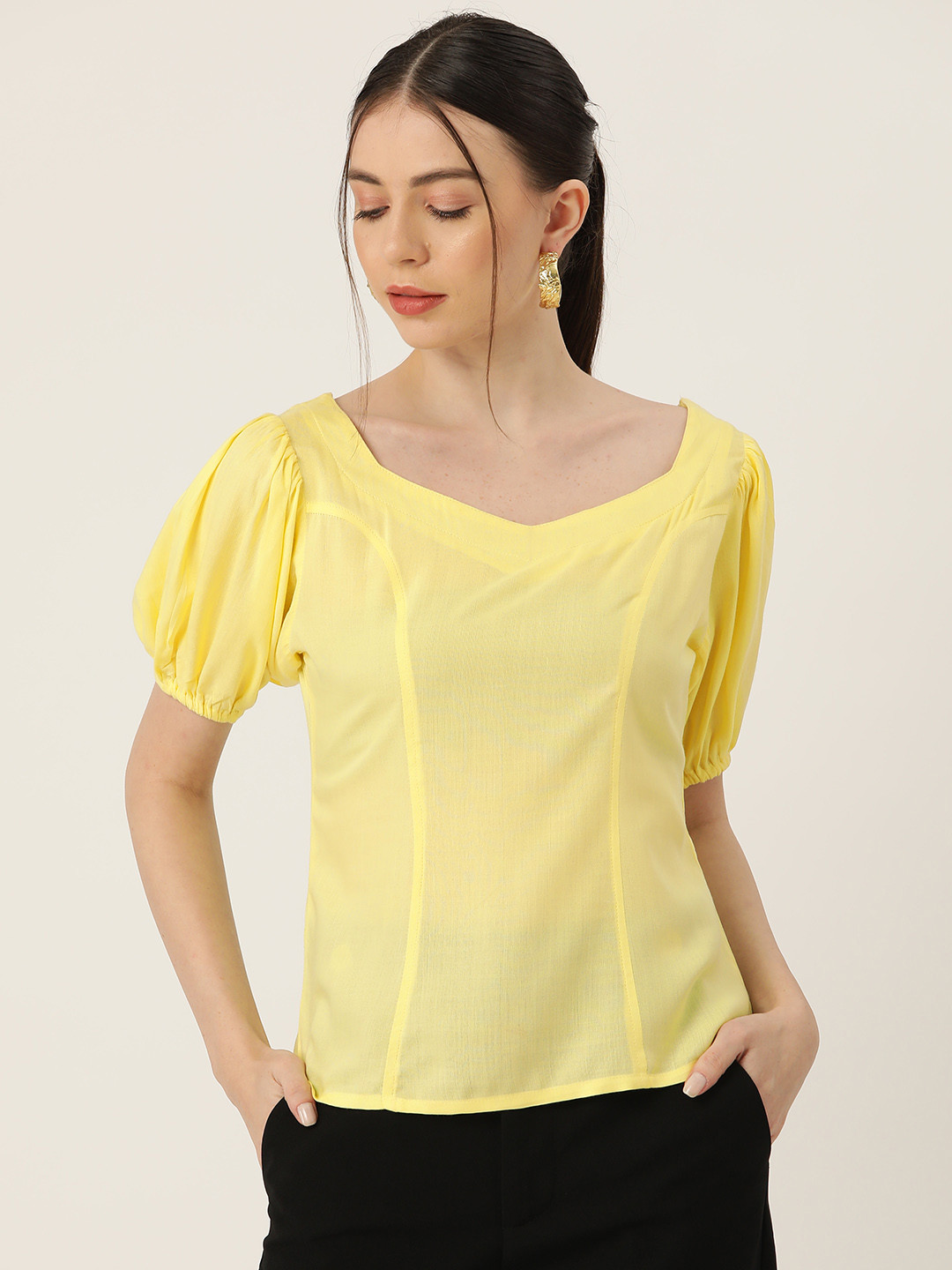 

Alsace Lorraine Paris Sweetheart Neck Puff Sleeve Top, Yellow