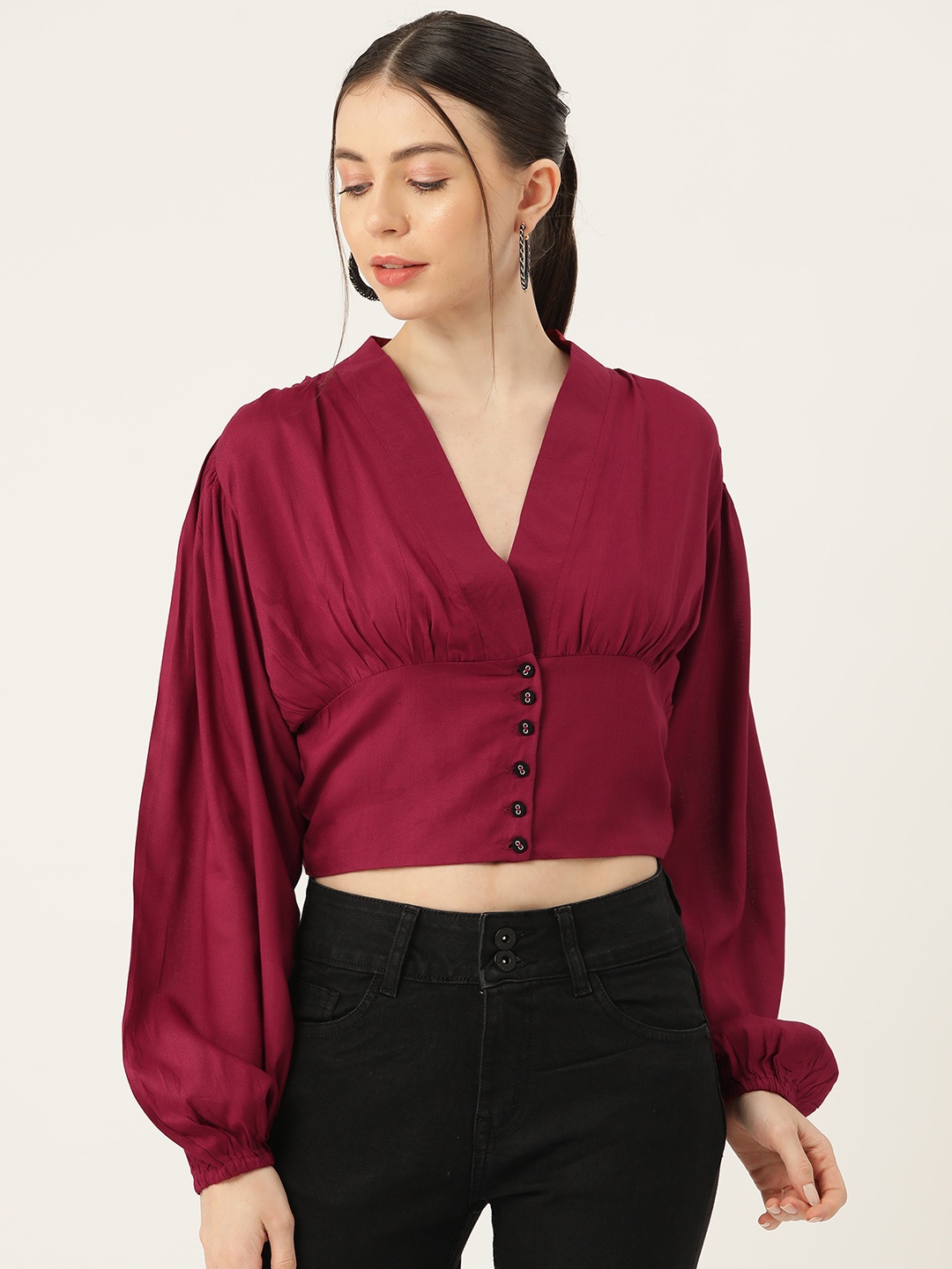 

Alsace Lorraine Paris Puff Sleeve Blouson Crop Top, Maroon