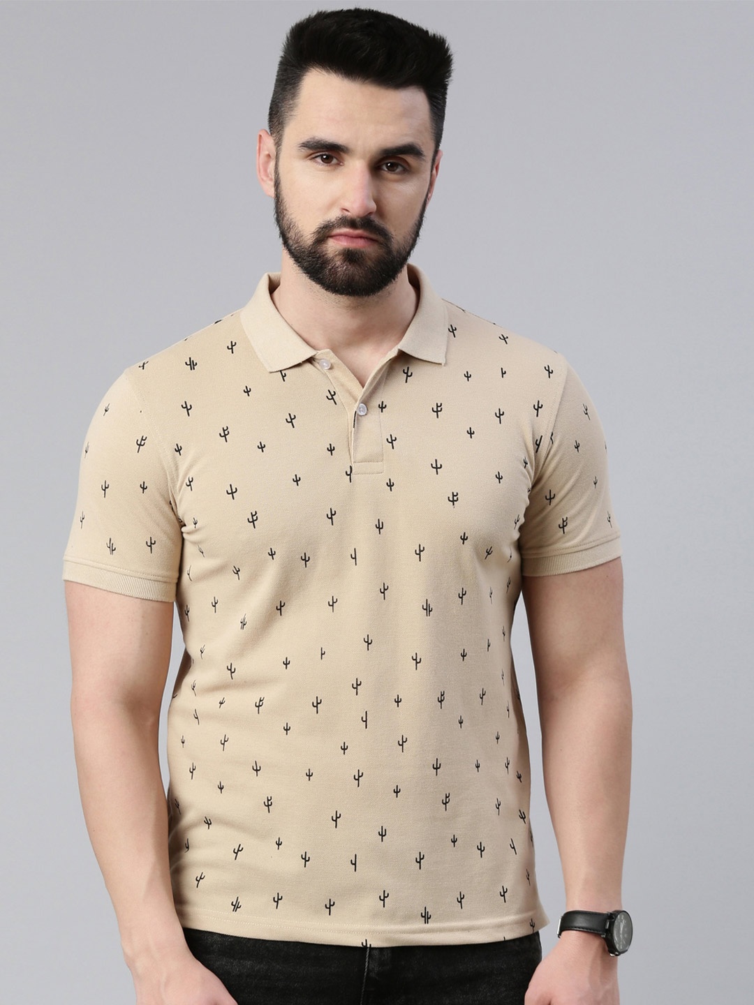 

Metronaut Conversational Printed Polo Collar Cotton T-shirt, Beige