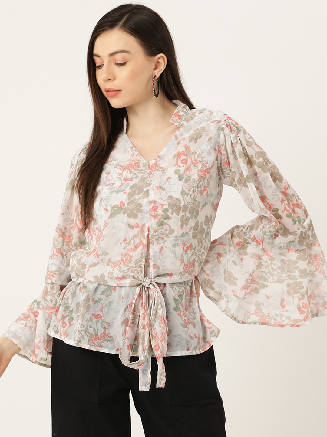 

Alsace Lorraine Paris Floral Print Bell Sleeve Georgette Top, White