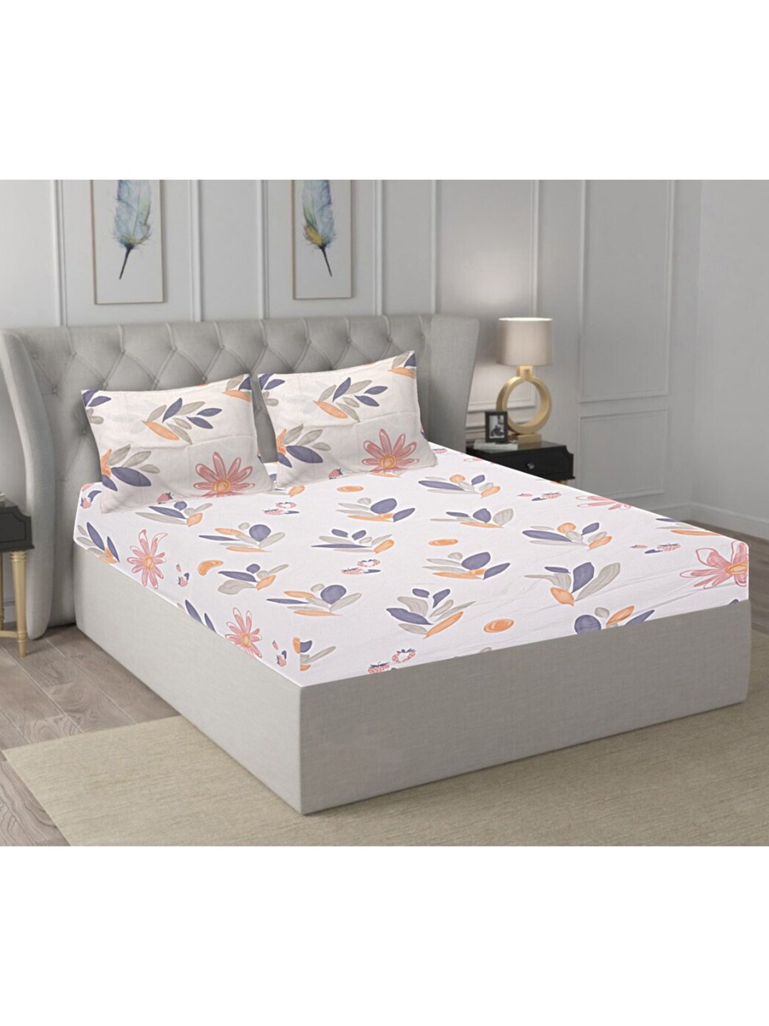 

INDHOME LIFE White Floral 210 TC Pure Cotton Fitted Queen Bedsheet & 2 Pillow Covers