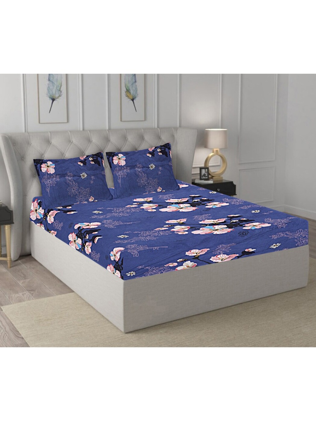 

INDHOME LIFE Blue & Pink Floral 210 TC Pure Cotton Fitted Queen Bedsheet & 2 Pillow Covers
