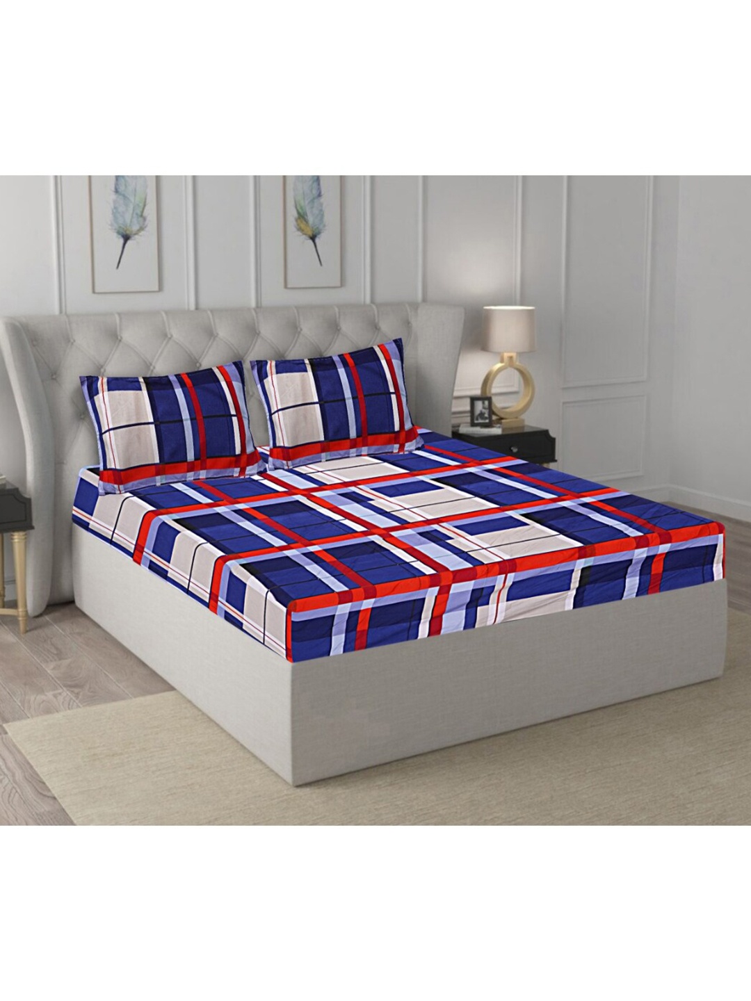 

INDHOME LIFE Blue & Red Geometric 210 TC Cotton Fitted Queen Bedsheet & 2 Pillow Covers