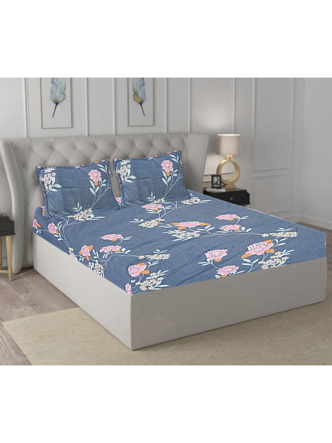 

INDHOME LIFE Blue & Pink Floral 210 TC Cotton Fitted Queen Bedsheet & 2 Pillow Covers
