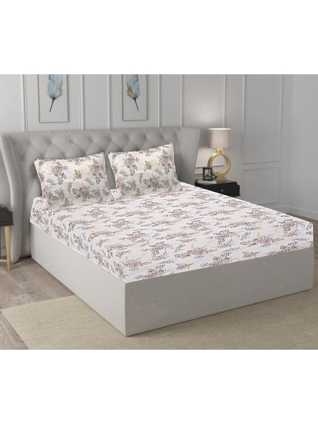 

INDHOME LIFE Cream-Coloured Floral 210 TC Cotton Fitted Queen Bedsheet & 2 Pillow Covers