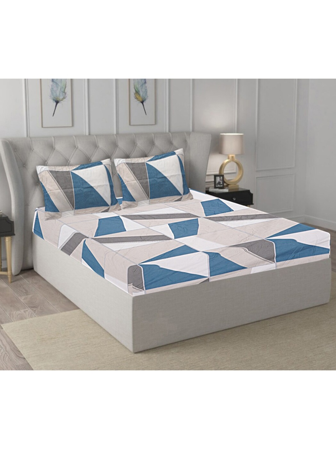 

INDHOME LIFE White & Teal 210 TC Cotton Fitted Queen Bedsheet & 2 Pillow Covers