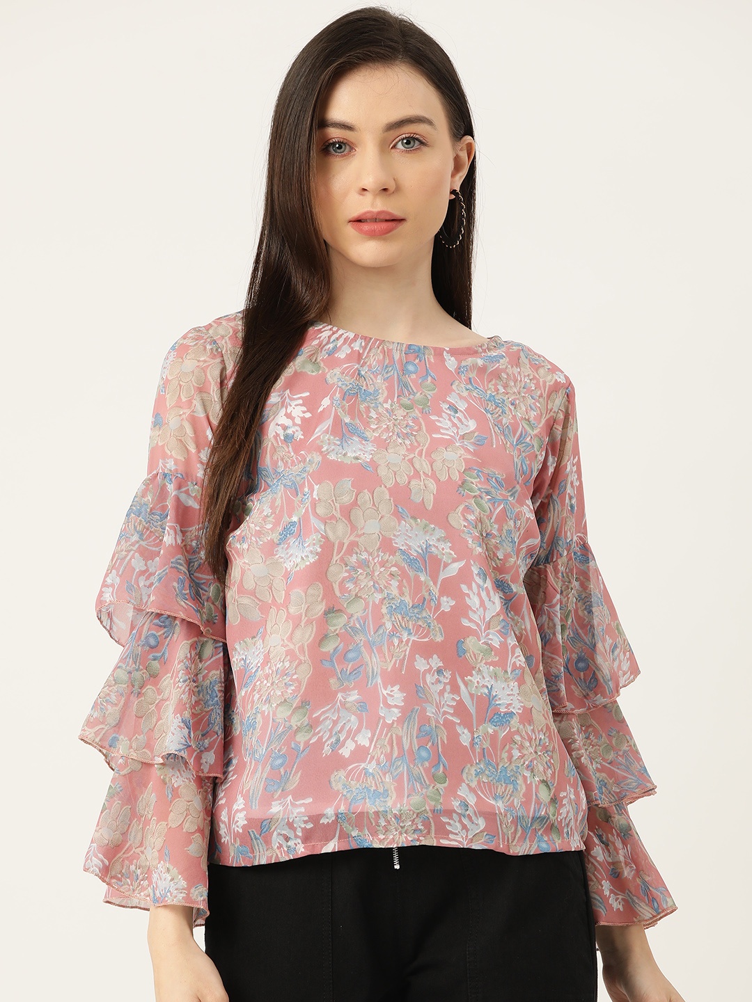 

Alsace Lorraine Paris Floral Print Bell Sleeve Ruffles Georgette Top, Pink
