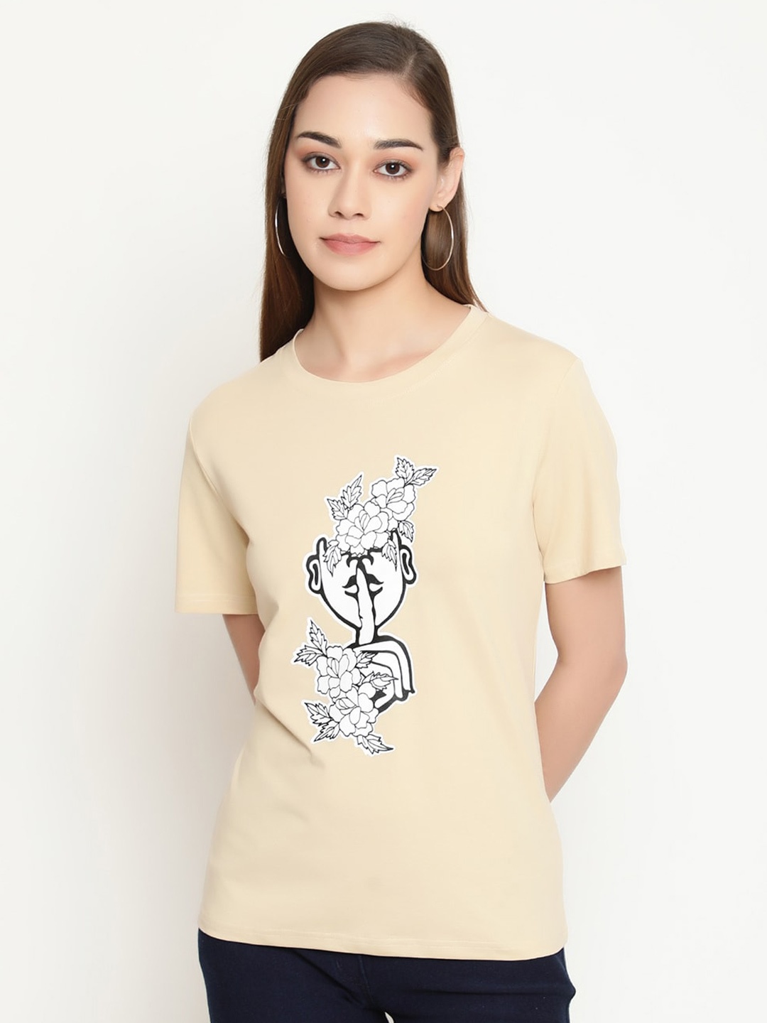 

FUTURO Abstract Printed Cotton Casual T-Shirt, Beige