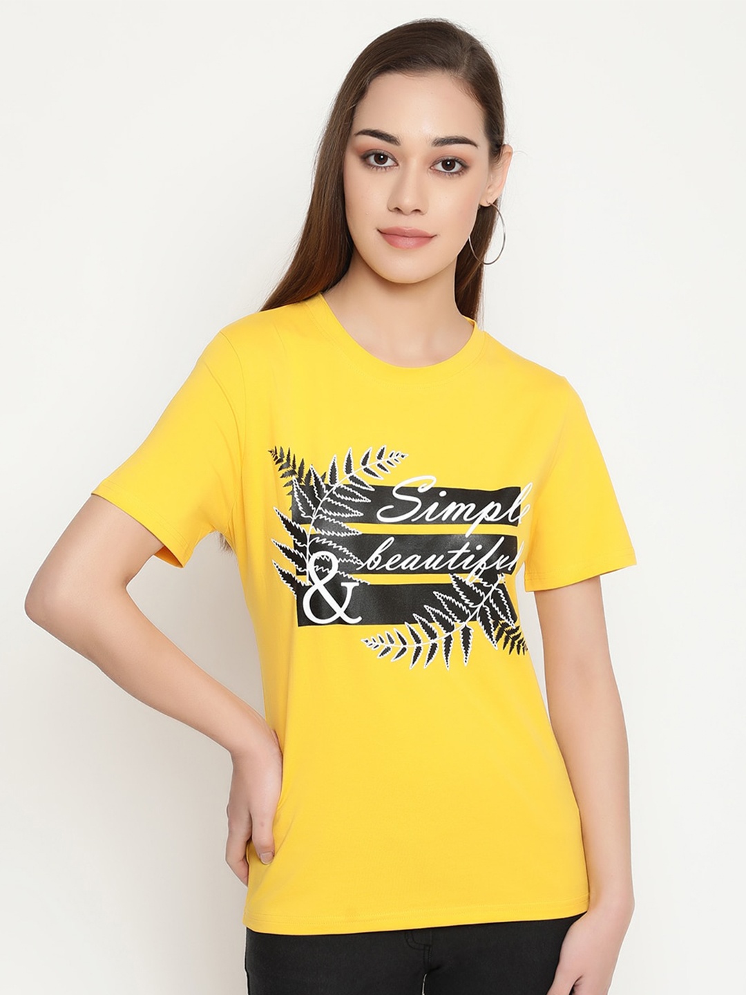 

FUTURO Typography Printed Cotton Casual T-Shirt, Yellow