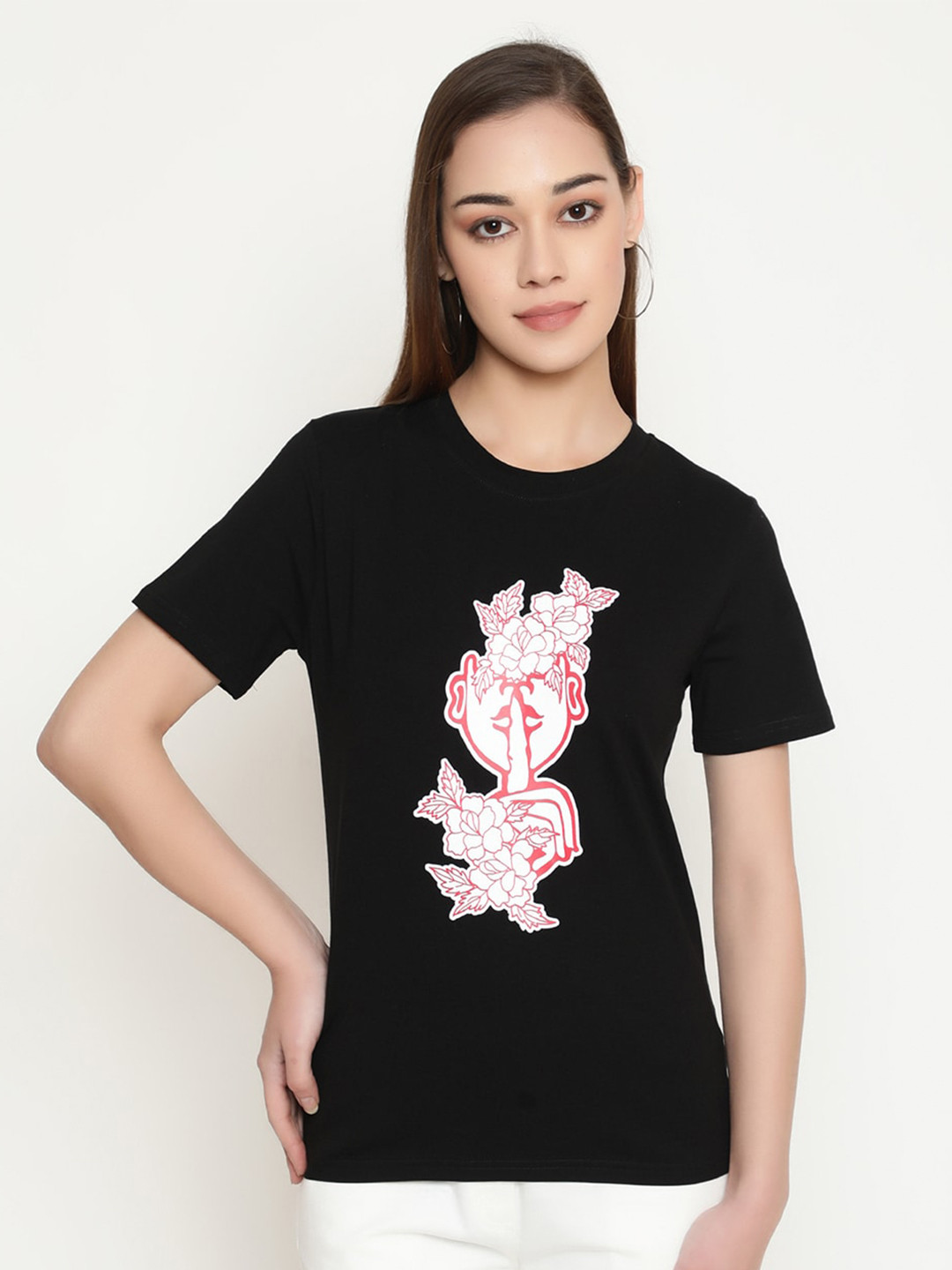 

FUTURO Abstract Printed Cotton Casual T-Shirt, Black