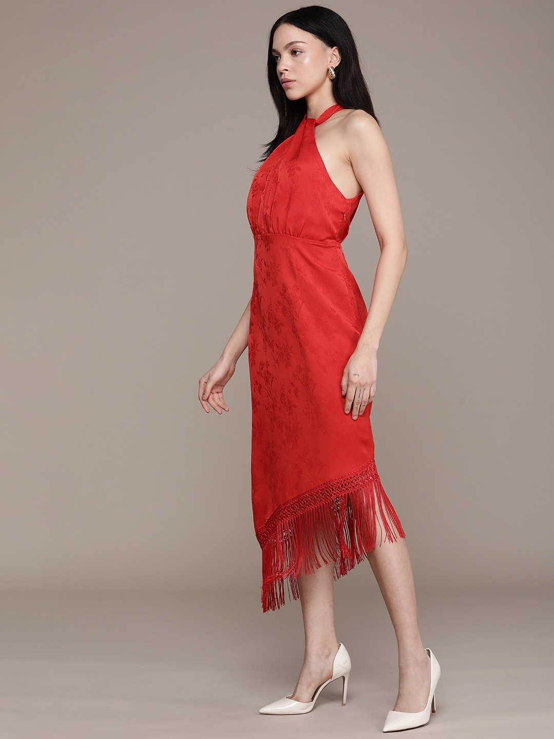 

French Connection Floral Print Halter Neck Frills Sheath Midi Party Dress, Red