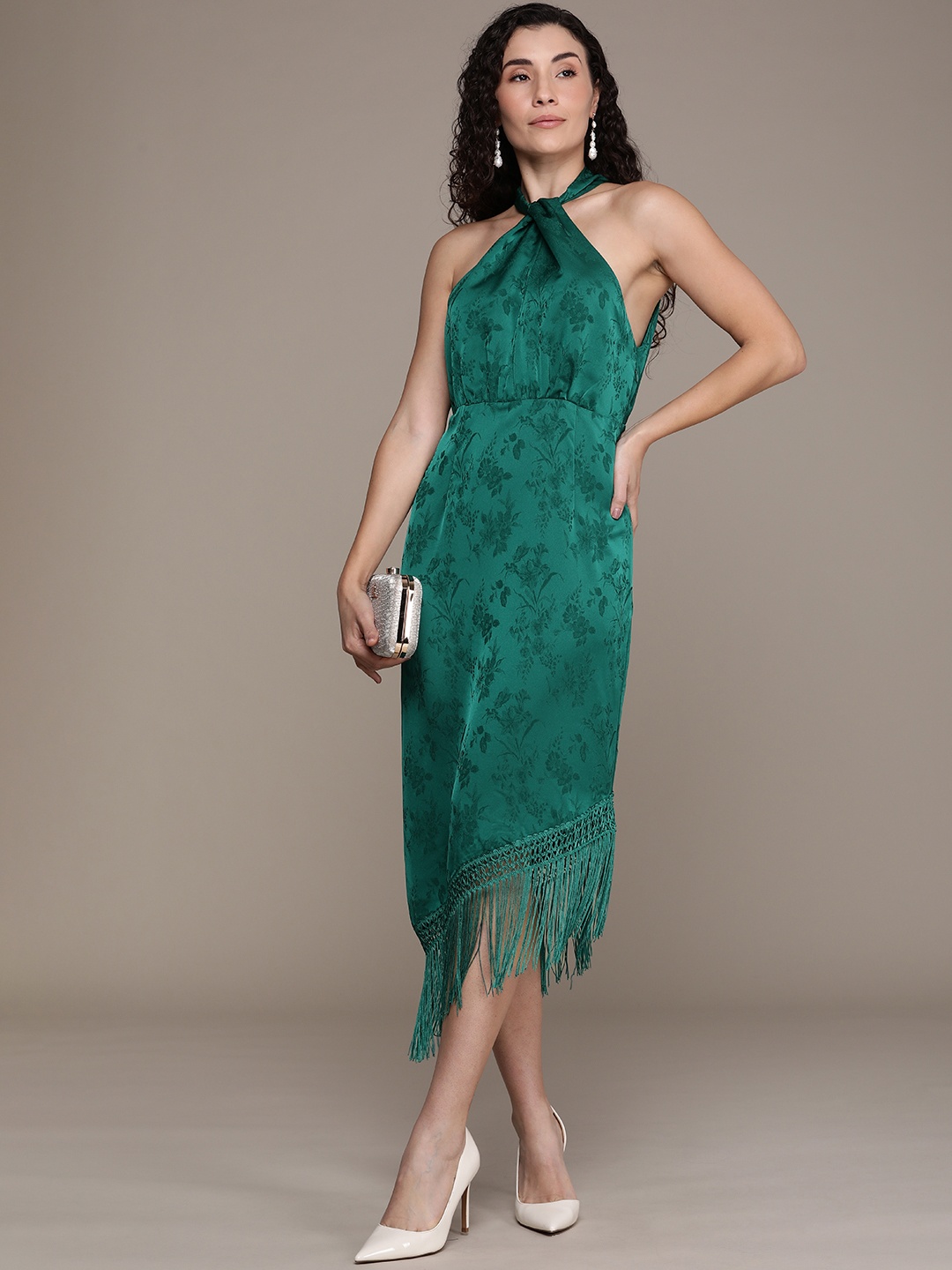 

French Connection Floral Print Halter Neck Frills Sheath Midi Party Dress, Green