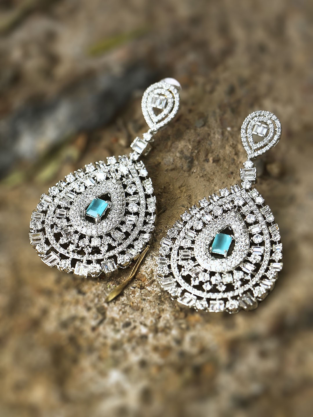 

Adwitiya Collection Rhodium-Plated CZ Studded Teardrop Shaped Drop Earrings, Silver
